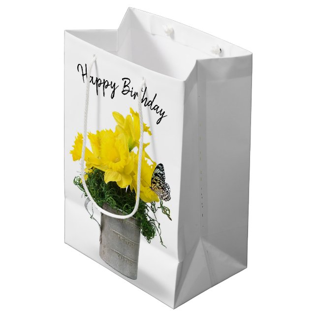Sac Cadeau Moyen Papillon Anniversaire Sur Bouquet Daffodil (Devant Angle)