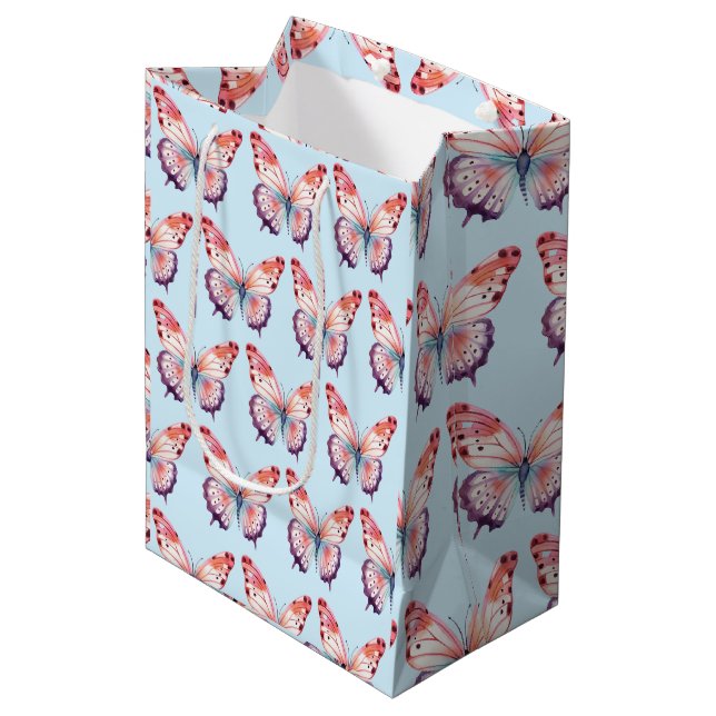 Sac Cadeau Moyen Papillon aquarelle en rose violet et bleu (Devant Angle)