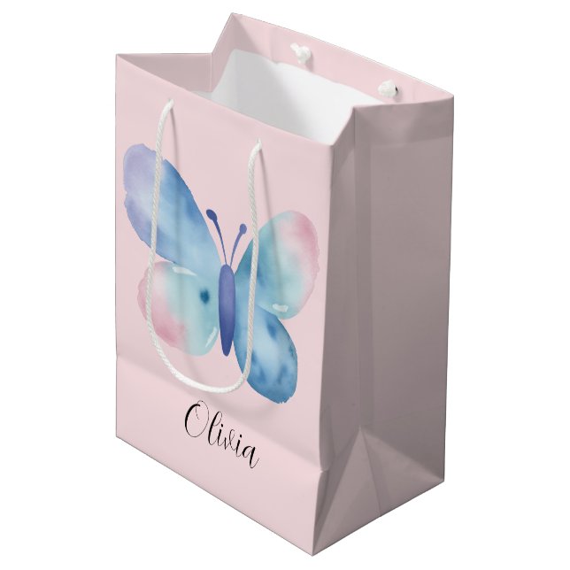 Sac Cadeau Moyen papillon baby shower, rose et bleu aquarelle (Devant Angle)
