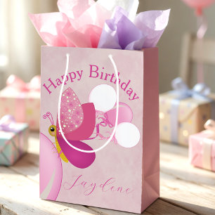 Sac Cadeau Moyen Papillon illustré rose avec ballons