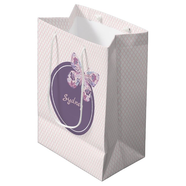 Sac Cadeau Moyen Papillon personnalisé Motif en treillis rose viole (Devant Angle)