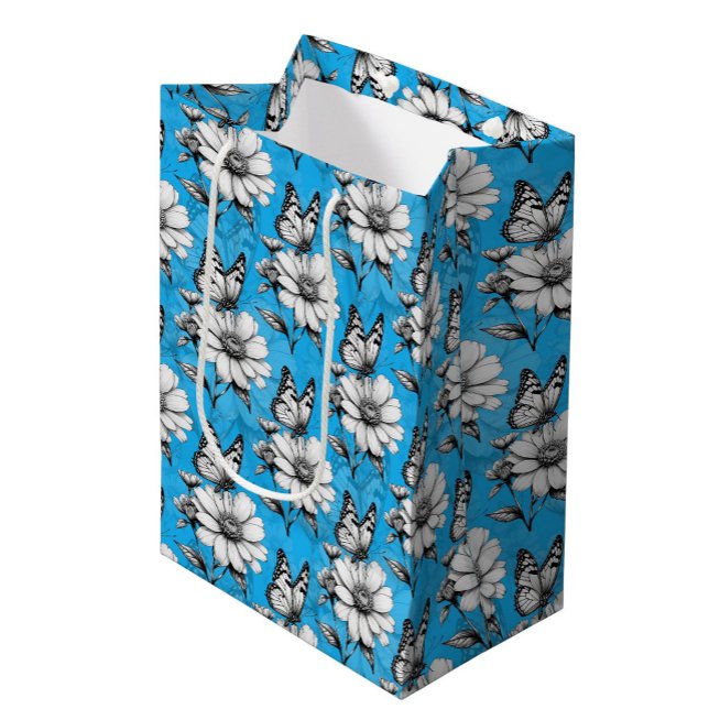 Sac Cadeau Moyen Papillon sur Motif de fleurs Design bleu (Créateur téléchargé)