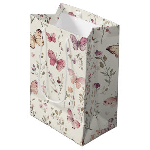 Sac Cadeau Moyen Papillons Crème Violette Fleuris Anniversaire