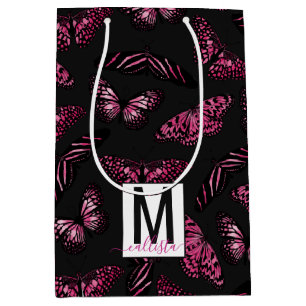Sac Cadeau Moyen Papillons noirs roses Aquarelle Motif Monogramme