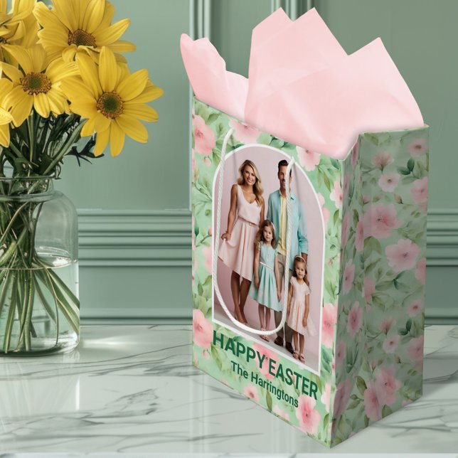 Sac Cadeau Moyen Pâques Photo personnalisée Pastel Rose & Flore ver (Créateur téléchargé)