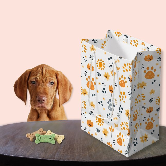 Sac Cadeau Moyen Paquets de chiot mignonnes Fleurs (Cute Puppy paws Flowers Medium Gift Bag)
