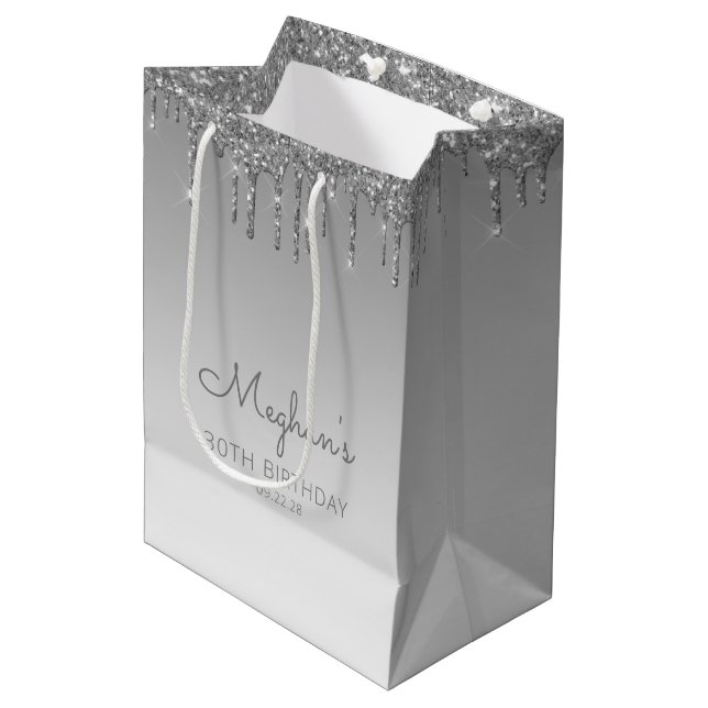 Sac Cadeau Moyen Parties scintillant 30e anniversaire Argent (Devant Angle)