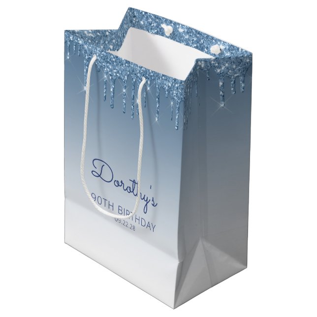 Sac Cadeau Moyen Parties scintillant 90e anniversaire Bleu moyen sa (Devant Angle)