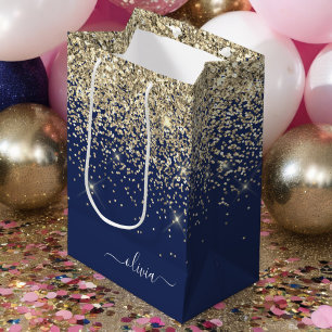 Sac Cadeau Moyen Parties scintillant Bleu de la Marine d'or Script 
