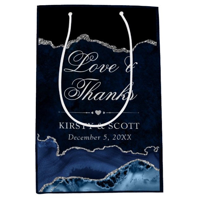 Sac Cadeau Moyen Parties scintillant bleue et argent  marbre Agate  (Devant)