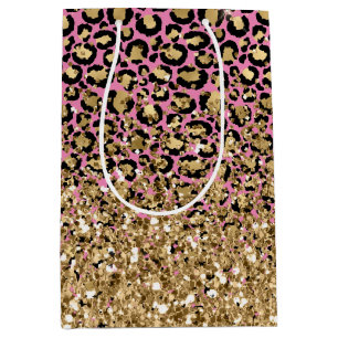 Sac Cadeau Moyen Parties scintillant Léopard d'or rose