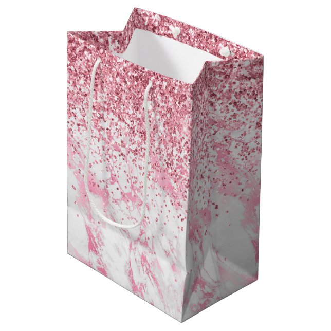 Sac Cadeau Moyen Parties scintillant Marbre blanc rose (Devant Angle)