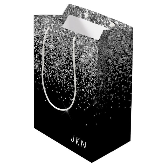 Sac Cadeau Moyen Parties scintillant noire argent Monogramme Nom de (Dos Angle)