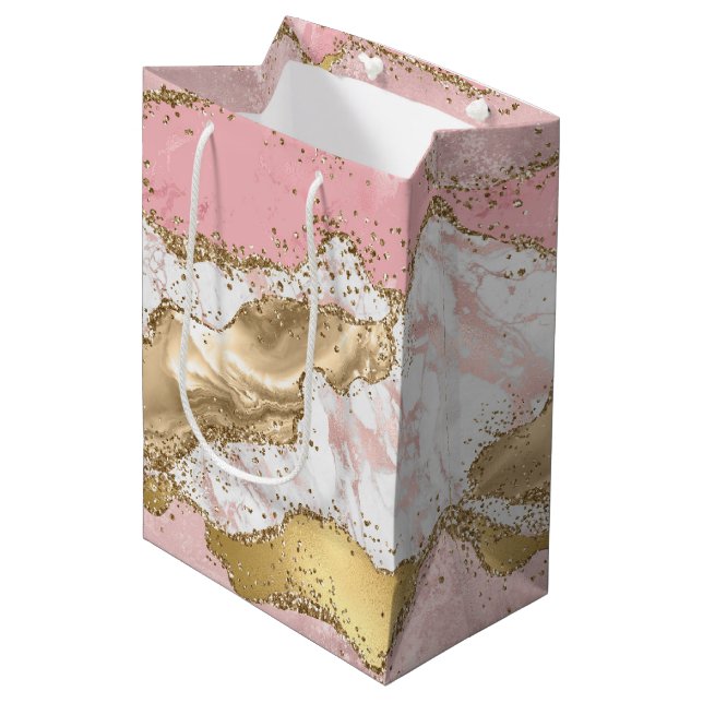 Sac Cadeau Moyen Parties scintillant or Marbre blanc rose (Devant Angle)