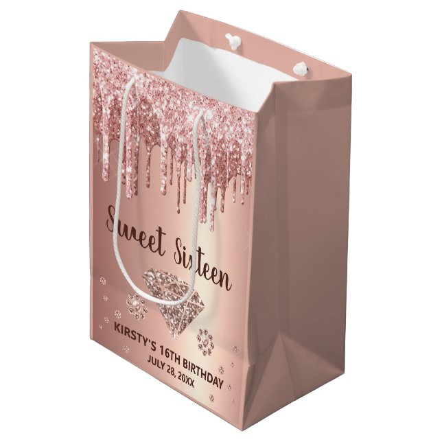 Sac Cadeau Moyen Parties scintillant rose à goutte d'or & Diamond S (Devant Angle)