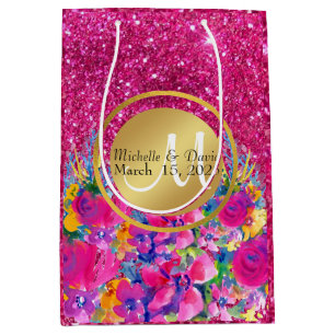 Sac Cadeau Moyen Parties scintillant rose Cadre en métal doré Flora