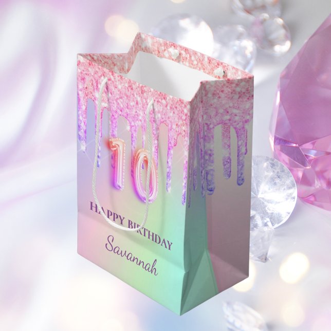Sac Cadeau Moyen Parties scintillant rose goutte holographique 10e  (Créateur téléchargé)