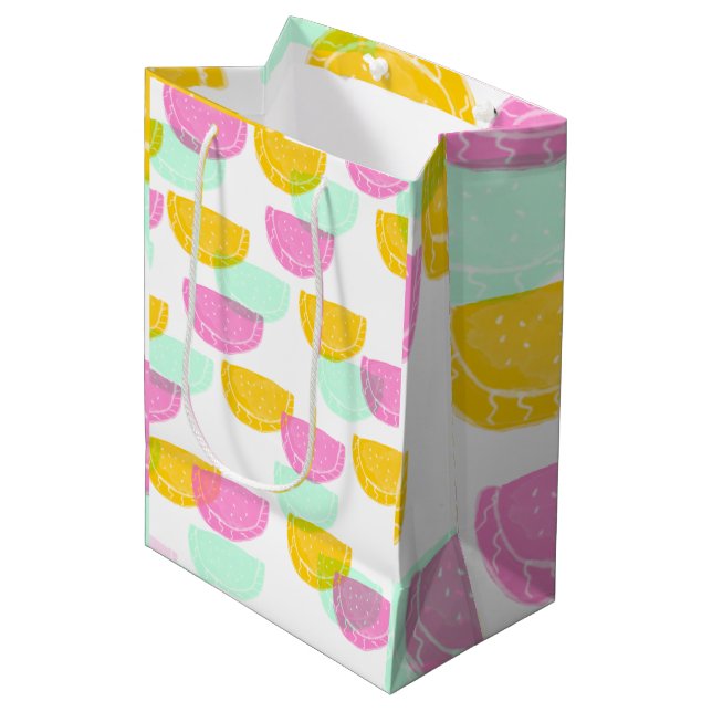 Sac Cadeau Moyen Pastel Aquarelle Pastèque Rose Vert Jaune    (Devant Angle)