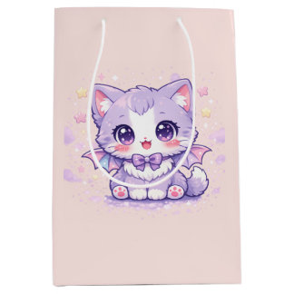 Sac Cadeau Moyen Pastel Bat Kitty  Kawaii Lavande Ailé 