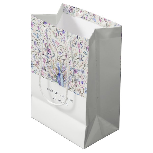 Sac Cadeau Moyen Pastel Classy Ornate Aquarelle Peacock Mariage (Devant Angle)