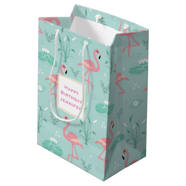 Sac Cadeau Moyen Pastel Pink Flamants roses Vert Motif Anniversaire (Dos Angle)