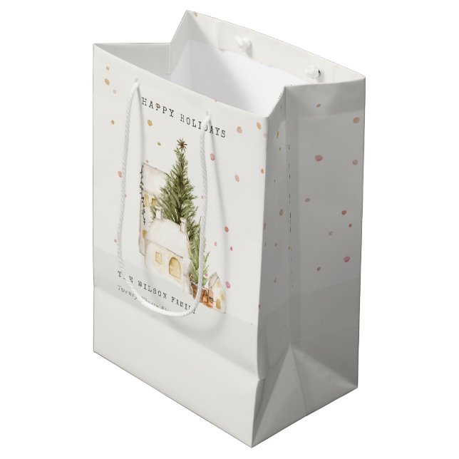 Sac Cadeau Moyen Pastel White Snow Tree Maisons Joyeuses Fêtes (Devant Angle)