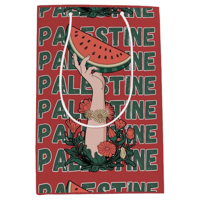 Sac Cadeau Moyen pastèque, fleurs et texte Palestine Répéter  (Devant)
