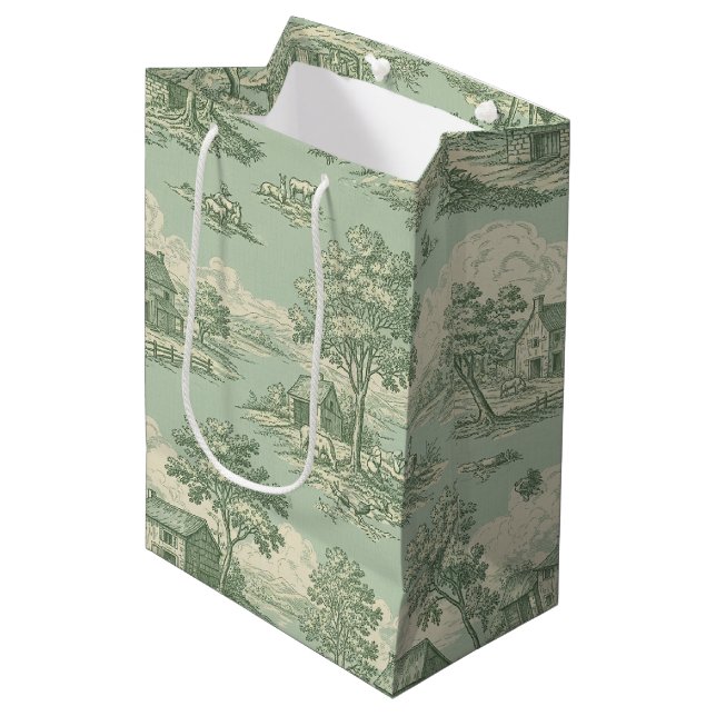 Sac Cadeau Moyen Pastoral Sage Green Toile Countryside Farm Scene 1 (Devant Angle)