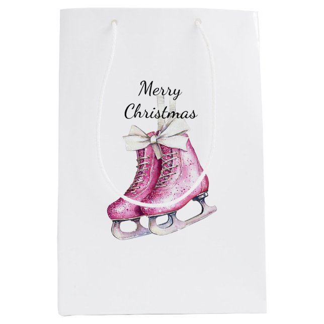 Sac Cadeau Moyen Patins Glam en argent rose Noël (Devant)