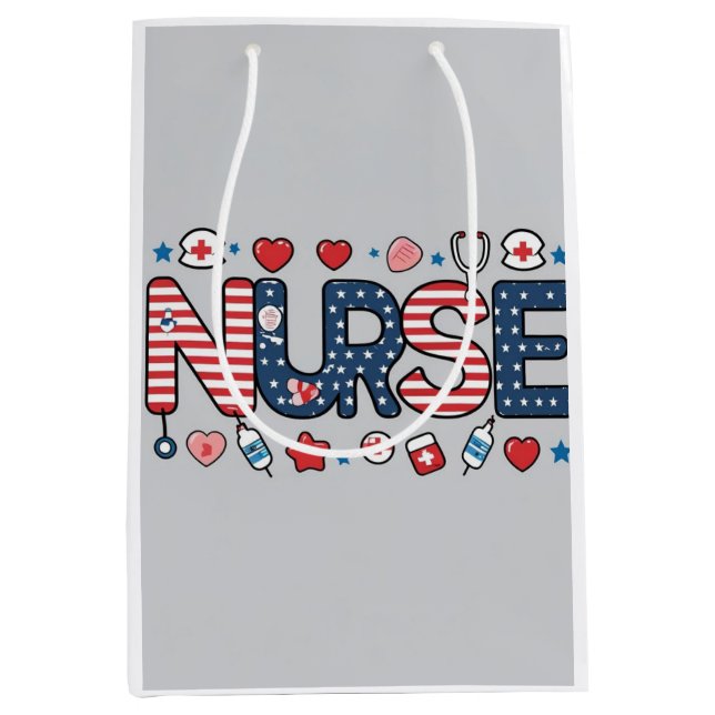Sac Cadeau Moyen Patriotic Nurse Gift Bag – USA Flag Nursing Design (Devant)