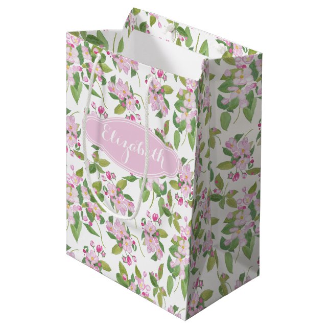 Sac Cadeau Moyen Patte florale rose pomme sur blanc (Devant Angle)