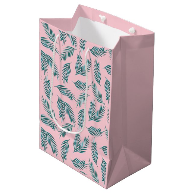 Sac Cadeau Moyen Paume rose et Turquoise Feuilles Tropical (Devant Angle)