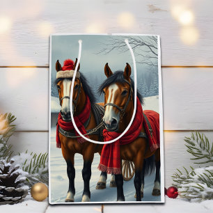 Sac Cadeau Moyen Paysage hivernal avec chevaux et Cabine