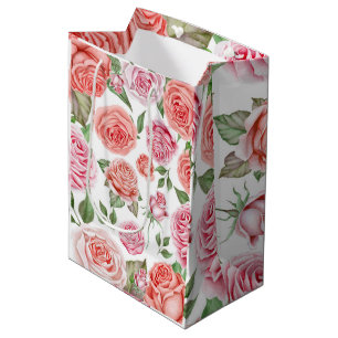 Sac Cadeau Moyen Peach Coral Rose Roses Verdure Feuille Fête Favori
