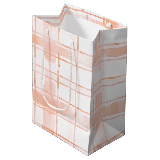 Sac Cadeau Moyen Peach Plaid Stripes Birthday (Devant Angle)