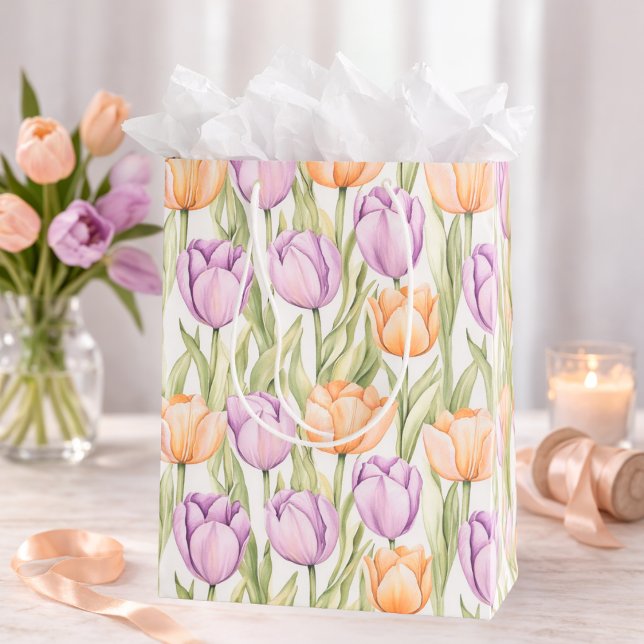 Sac Cadeau Moyen Peach Purple Tulip Pattern Elegant Spring Floral (Créateur téléchargé)