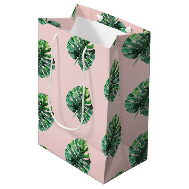 Sac Cadeau Moyen Peach rose pâle vert Feuilles tropicaux (Devant Angle)