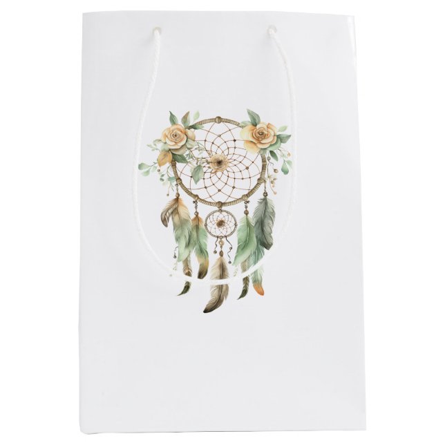 Sac Cadeau Moyen Pêcher Floral Green Dream Catcher Anniversaire (Devant)