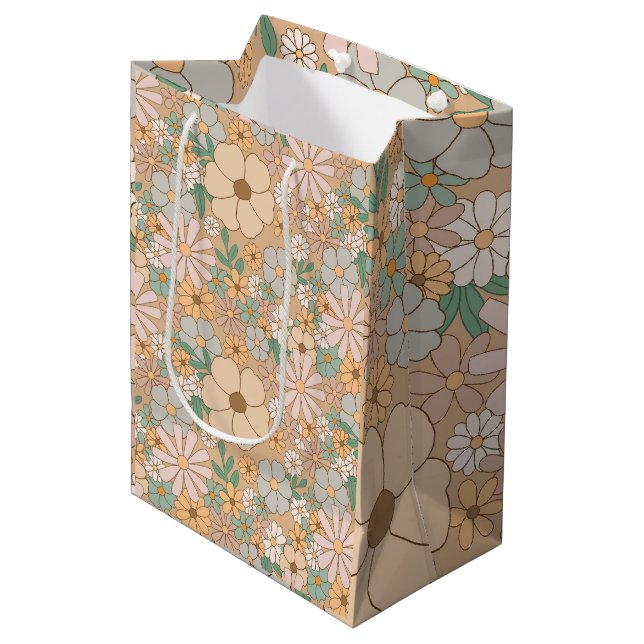 Sac Cadeau Moyen Pêcher Orange rose gris floral (Devant Angle)