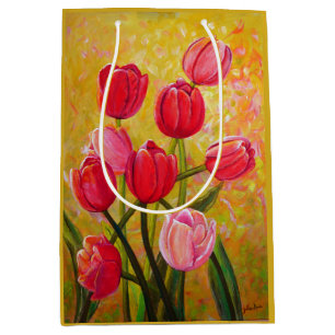 Sac Cadeau Moyen Peinture avec arrangement de tulipe rose et rouge