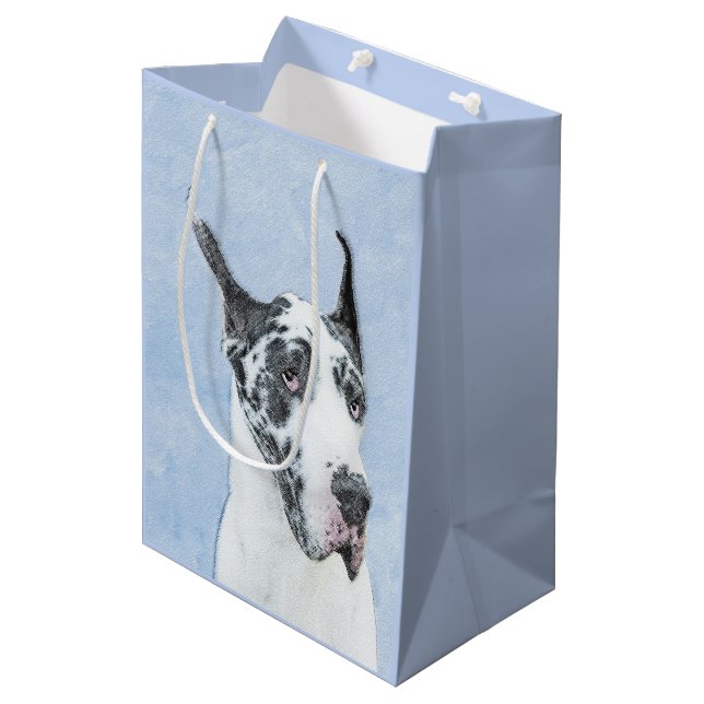 Sac Cadeau Moyen Peinture de Great Dane (Arlequin) - Art original d (Devant Angle)