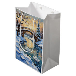 Sac Cadeau Moyen Peinture de la famille des cygnes vintage sous un