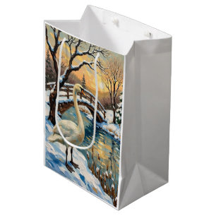 Sac Cadeau Moyen Peinture de Noël Cygne Vintage par Pont enneigé