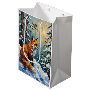 Sac Cadeau Moyen Peinture de Noël Renard Rouge et Mésanges Vintage