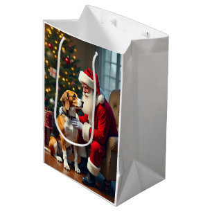 Sac Cadeau Moyen Peinture de Noël Rencontre de Beagle avec le Père