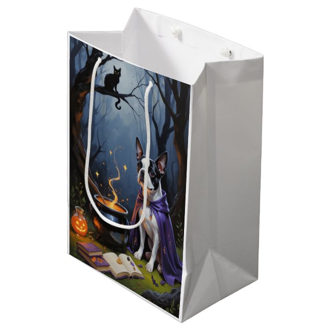 Sac Cadeau Moyen Peinture d'Halloween de Boston Terrier Chien blanc (Devant Angle)