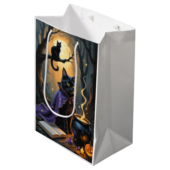 Sac Cadeau Moyen Peinture d'Halloween en chats noirs (Devant Angle)