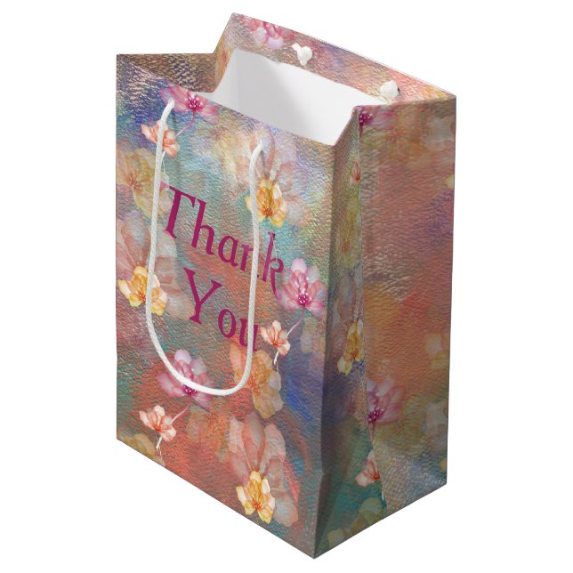 Sac Cadeau Moyen Peinture et fleurs Abstraites Merci (Devant Angle)