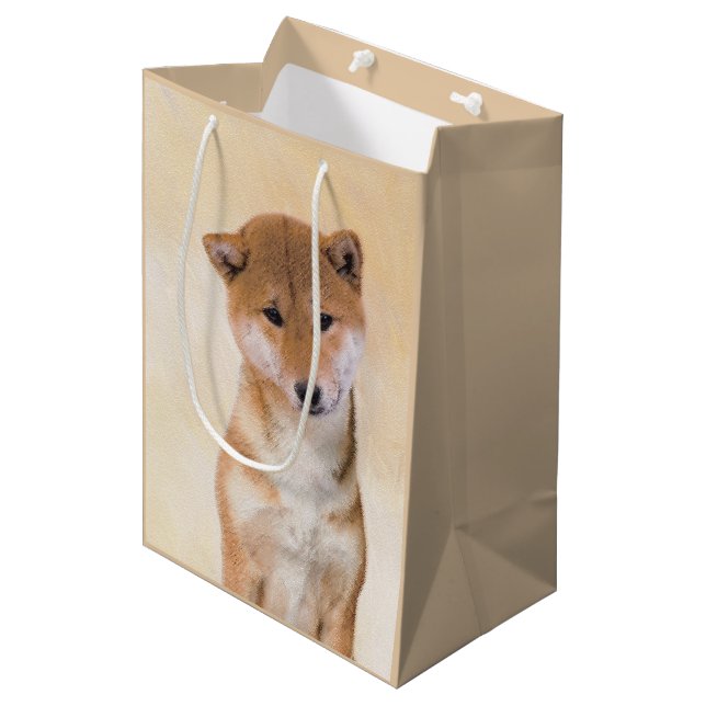 Sac Cadeau Moyen Peinture Shiba Inu (Rouge) - Art Chien original (Devant Angle)