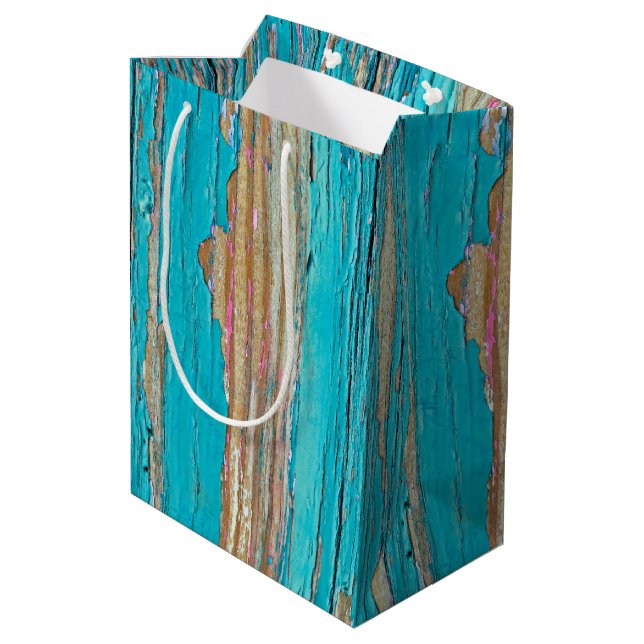 Sac Cadeau Moyen Peinture Turquoise Sur Bois Patiné (Dos Angle)